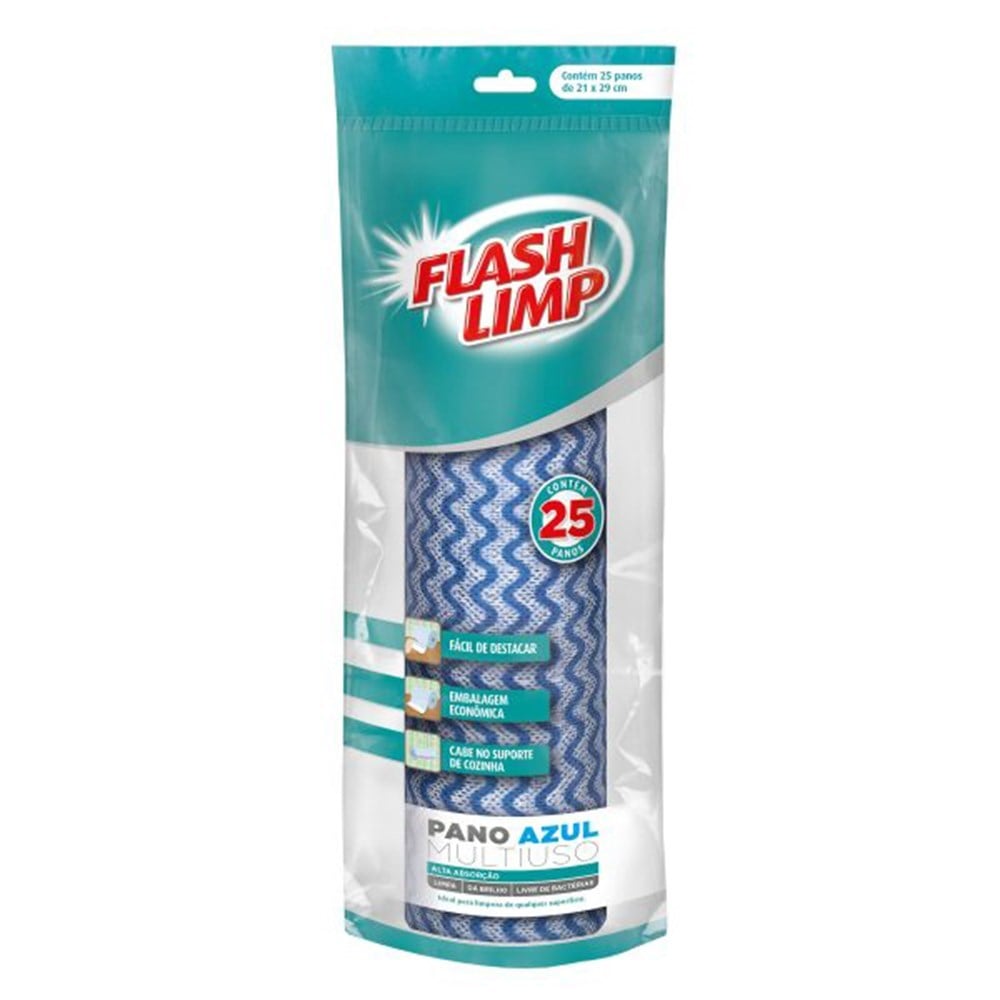 Pano Limpeza Flashlimp Mult Azul Rolo com 25 Peças FLP4571